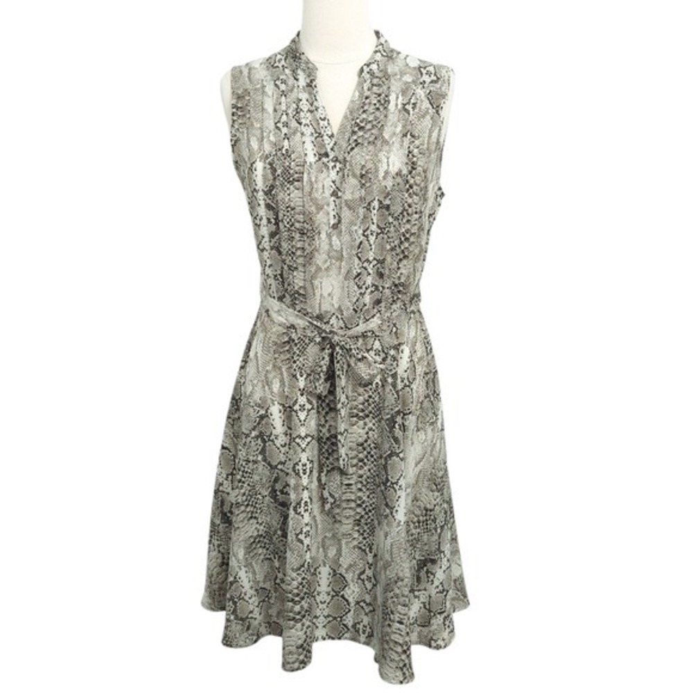 NWOT Nanette Lepore Snakeskin Gray Beige Belted Sleeveless A-Line Dress- Size 6